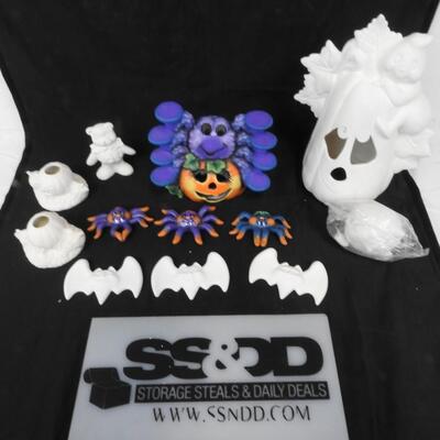 12 pc Ceramics, Fired, Some Ready To Paint, Halloween, Spiders, Pumpkins