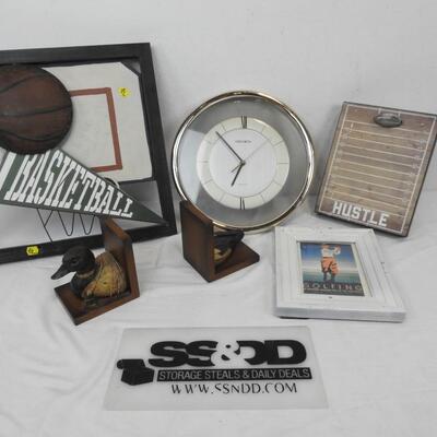 6 pc Decor Lot: White Frame, Duck Bookends, Clock, etc