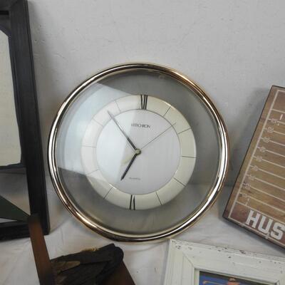 6 pc Decor Lot: White Frame, Duck Bookends, Clock, etc