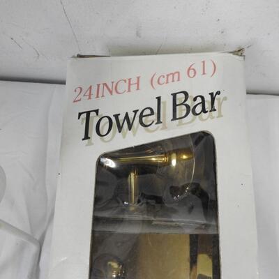 9 pc Bathroom Lot: Tub Handle, Brass Towel Bar, Laundry Basket, Waste Basket