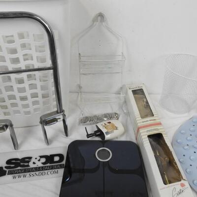 9 pc Bathroom Lot: Tub Handle, Brass Towel Bar, Laundry Basket, Waste Basket