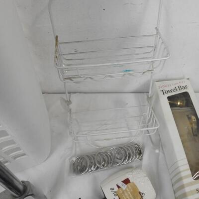 9 pc Bathroom Lot: Tub Handle, Brass Towel Bar, Laundry Basket, Waste Basket