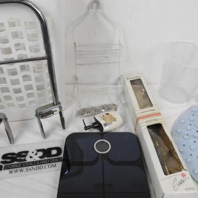 9 pc Bathroom Lot: Tub Handle, Brass Towel Bar, Laundry Basket, Waste Basket