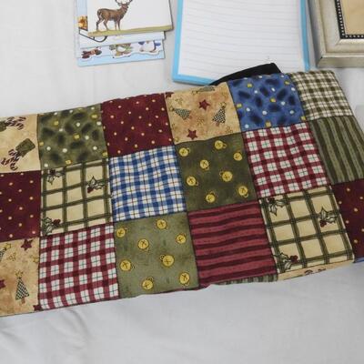 14 pc Holiday Lot: Nesting Nativity Decor, Ribbon, Note Pads, Assorted Ornament