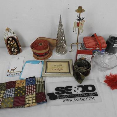 14 pc Holiday Lot: Nesting Nativity Decor, Ribbon, Note Pads, Assorted Ornament
