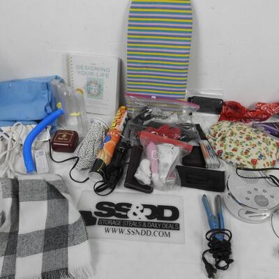 Personal Care Lot: Small Ironing Board, Scarves, Alarm Clock, Soap