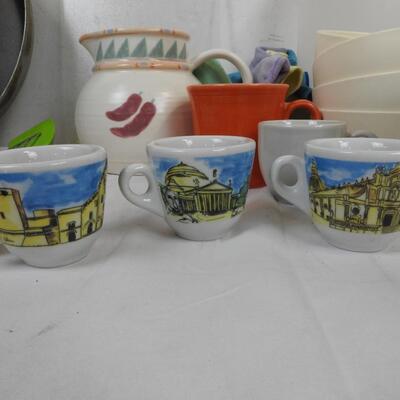 21 pc Kitchen, Frying Pan, Ceramic Pitcher, Small Mugs, Bowls, Cutting Board