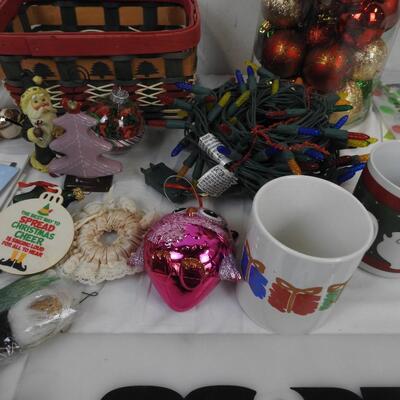 20 pc Holiday, Ornaments, Christmas Basket, Santa Mug, Lights