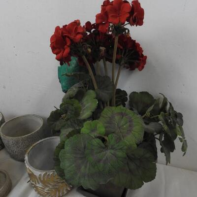10 pc Outdoor Decor: Faux Flowers, Ceramic Planters, Wooden Turtle Figure