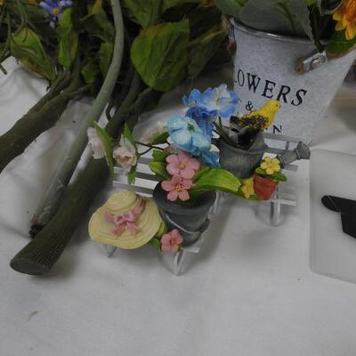 10 pc Outdoor Decor: Faux Flowers, Ceramic Planters, Wooden Turtle Figure