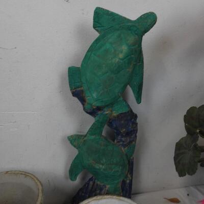 10 pc Outdoor Decor: Faux Flowers, Ceramic Planters, Wooden Turtle Figure