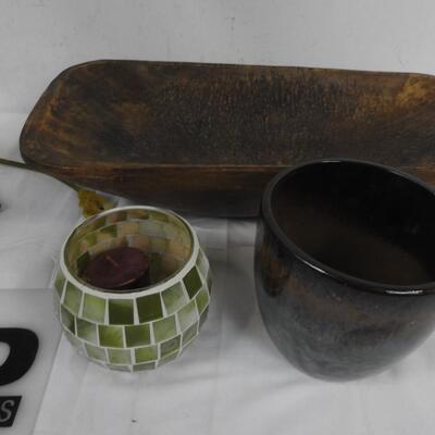 7 pc Home Decor, Large Rectangle Wooden Bowl, Wire Lamp (Works), Vases