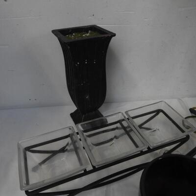 7 pc Home Decor, Large Rectangle Wooden Bowl, Wire Lamp (Works), Vases
