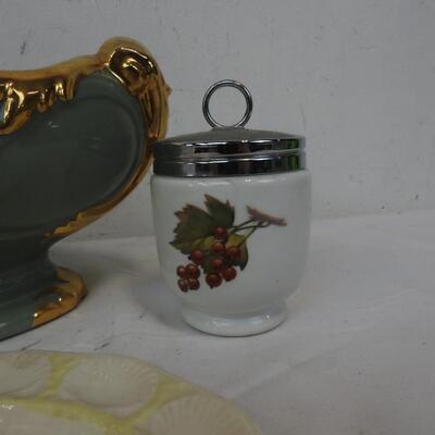 Vintage Glass DÃ©cor: Green Bowl, Porcelain Cups , Small Plate ,Egg Plate