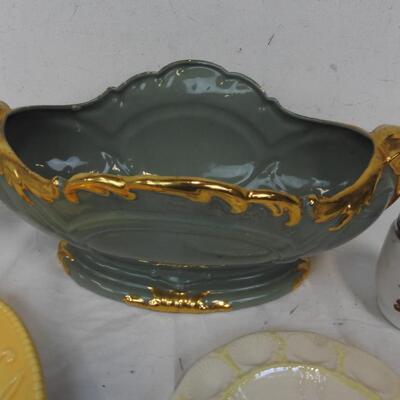 Vintage Glass DÃ©cor: Green Bowl, Porcelain Cups , Small Plate ,Egg Plate