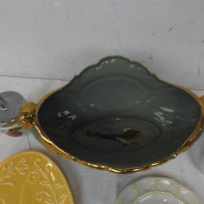 Vintage Glass DÃ©cor: Green Bowl, Porcelain Cups , Small Plate ,Egg Plate
