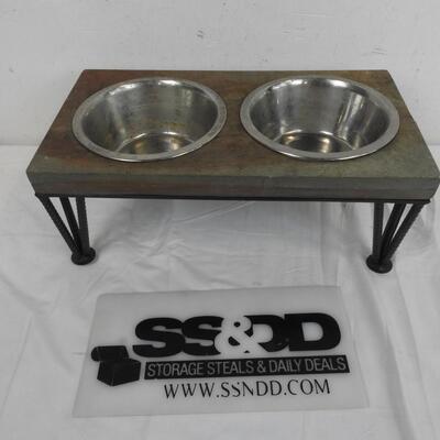 Wood and Metal Elevated Dog Bowl Set