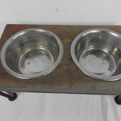 Wood and Metal Elevated Dog Bowl Set
