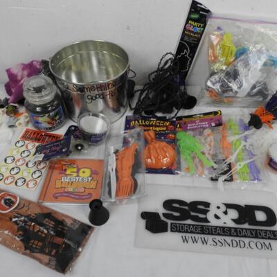 15+ Halloween Lot: Metal Bucket, Lights, Sticky Eyeballs, Skeleton Toys