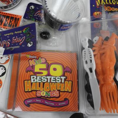 15+ Halloween Lot: Metal Bucket, Lights, Sticky Eyeballs, Skeleton Toys