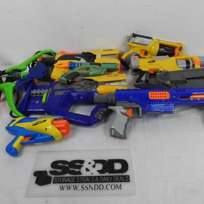 7 Nerf Guns, 1 Blue Large Bucket, Nerf Slingshot, Nerf Bow, Bullets not included