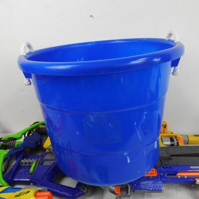 7 Nerf Guns, 1 Blue Large Bucket, Nerf Slingshot, Nerf Bow, Bullets not included