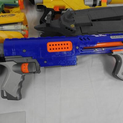 7 Nerf Guns, 1 Blue Large Bucket, Nerf Slingshot, Nerf Bow, Bullets not included