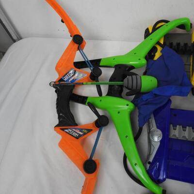 7 Nerf Guns, 1 Blue Large Bucket, Nerf Slingshot, Nerf Bow, Bullets not included