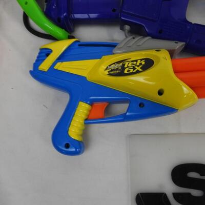 7 Nerf Guns, 1 Blue Large Bucket, Nerf Slingshot, Nerf Bow, Bullets not included