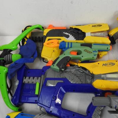 7 Nerf Guns, 1 Blue Large Bucket, Nerf Slingshot, Nerf Bow, Bullets not included