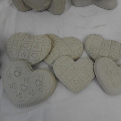 21 Piece Greenware Ceramics Lot: Hearts, Bunnies, Bears, and Unicorns