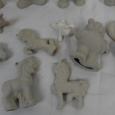 21 Piece Greenware Ceramics Lot: Hearts, Bunnies, Bears, and Unicorns