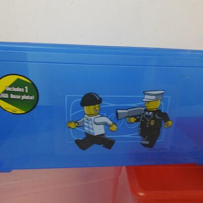 6 Storage Totes, 2 Lego Themed, 3 Small with Lids, Assorted Sizes, Rubbermaid