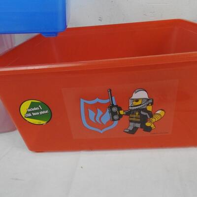 6 Storage Totes, 2 Lego Themed, 3 Small with Lids, Assorted Sizes, Rubbermaid