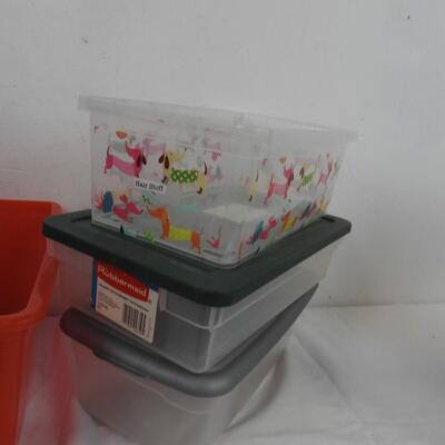 6 Storage Totes, 2 Lego Themed, 3 Small with Lids, Assorted Sizes, Rubbermaid