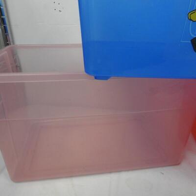 6 Storage Totes, 2 Lego Themed, 3 Small with Lids, Assorted Sizes, Rubbermaid