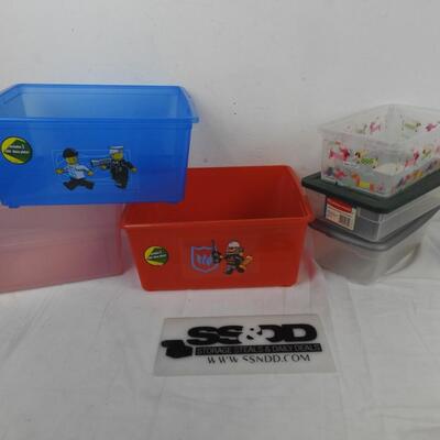 6 Storage Totes, 2 Lego Themed, 3 Small with Lids, Assorted Sizes, Rubbermaid