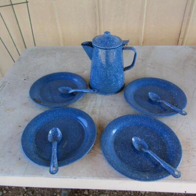 Enamelware Coffee Pot, Plates and Spoons
