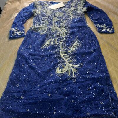1 Vintage  Joseph Le Bon  Sequin Beaded Dress  80s Glam Blue Evening Gown Large