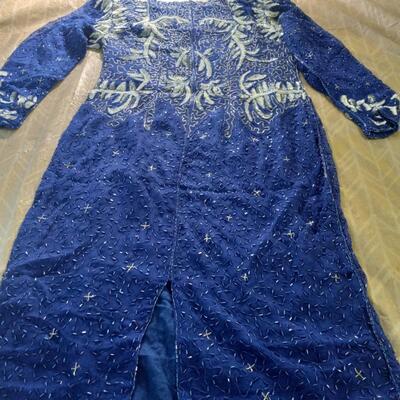 1 Vintage  Joseph Le Bon  Sequin Beaded Dress  80s Glam Blue Evening Gown Large