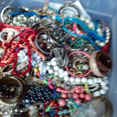 Lot of 1 40 Lb Plastic Tub/Bin of Jewelry Assorted  pcs