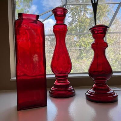 Lot 1   Set of Three Red Glass Display Bottles