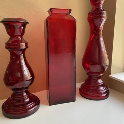 Lot 1   Set of Three Red Glass Display Bottles
