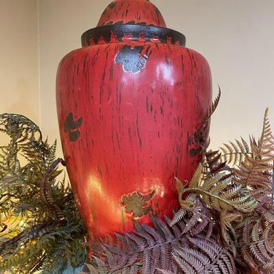 Lot 65  Large Red Distressed Urn w/ Lid