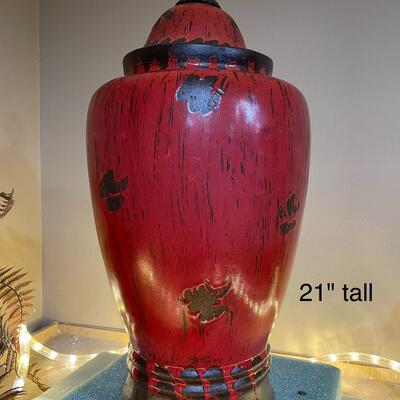 Lot 65  Large Red Distressed Urn w/ Lid