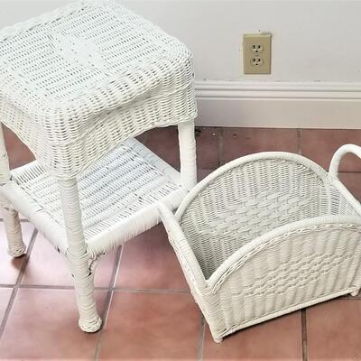 Lot #18  2 Pieces Contemporary White Wicker  - table and magazine rack