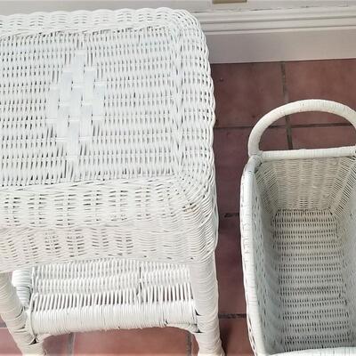 Lot #18  2 Pieces Contemporary White Wicker  - table and magazine rack