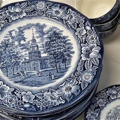 Lot #20  Large Set of Blue/White Staffordshire Dinnerware - scenes from American history