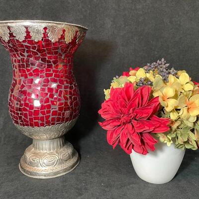 Lot 78  Red Candle Vase & Silk Arrangement