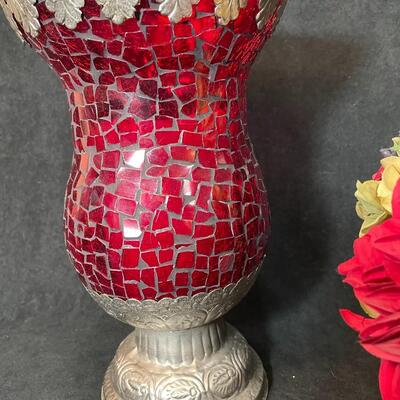 Lot 78  Red Candle Vase & Silk Arrangement